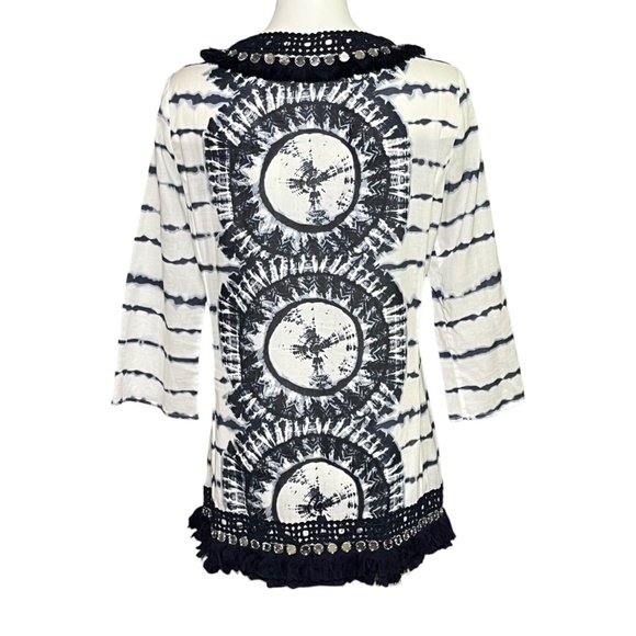 Tory Burch Stephanie Mirrored Embellished Fringe Navy Tie Dye Tunic Top Size 10 - Picture 4 of 11
